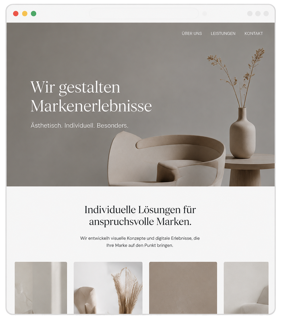 Beispielhafter Screenshot einer ästhetischen Webseite, die Besucher nicht zur Anfrage führt.